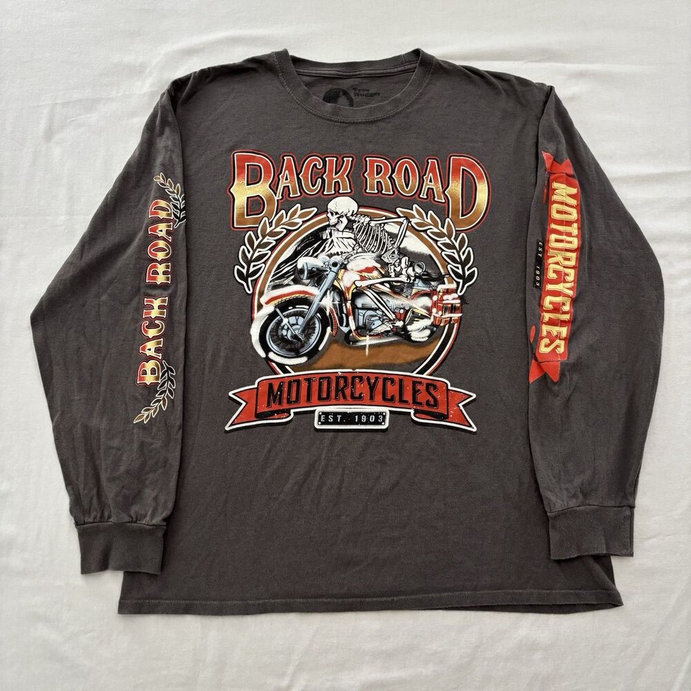 Tree Hugger Back Road Motorcycles Skeleton Graphic Long Sleeve T-Shirt Sz L Gray